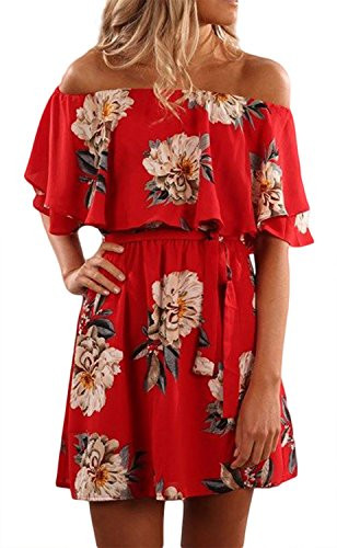Sherrylily Women's Summer Off Shoulder Short Skirt Floral Print Short Sleeves Dress Ruffle Mini Dres | Amazon (US)