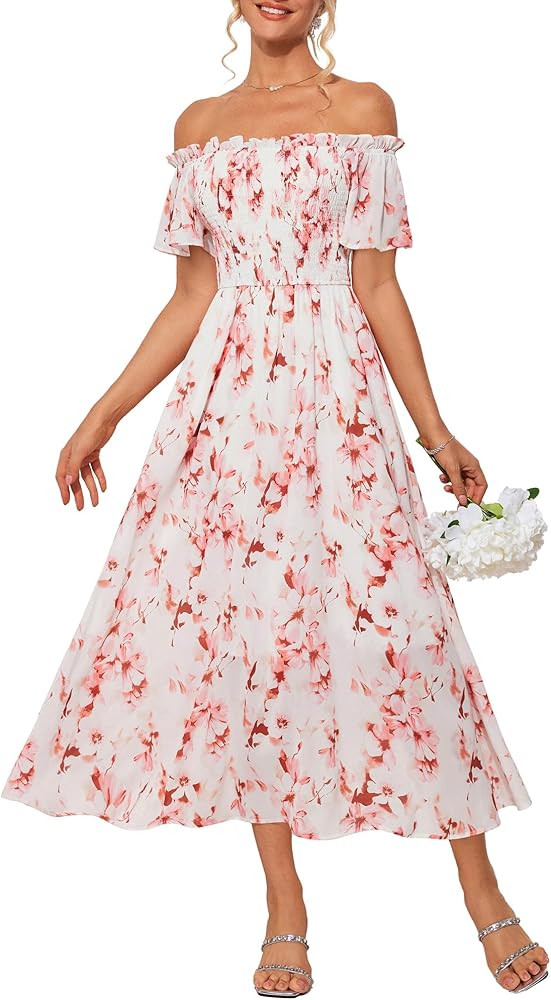GRACE KARIN Women's 2025 Summer Floral Smocked Off Shoulder Flowy A Line Maxi Dresses Formal Wedd... | Amazon (US)
