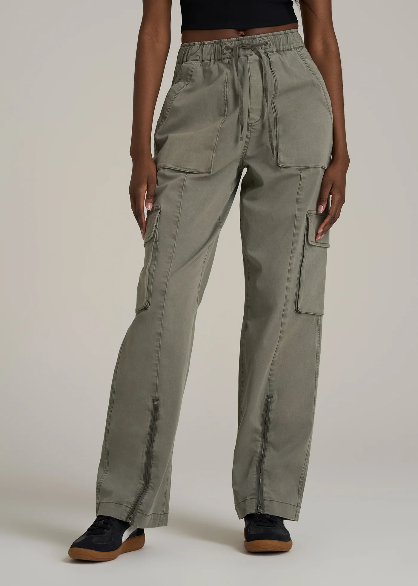High Rise Garment Dyed Baggy Cargo Pants for Tall Women in Camper Green | American Tall