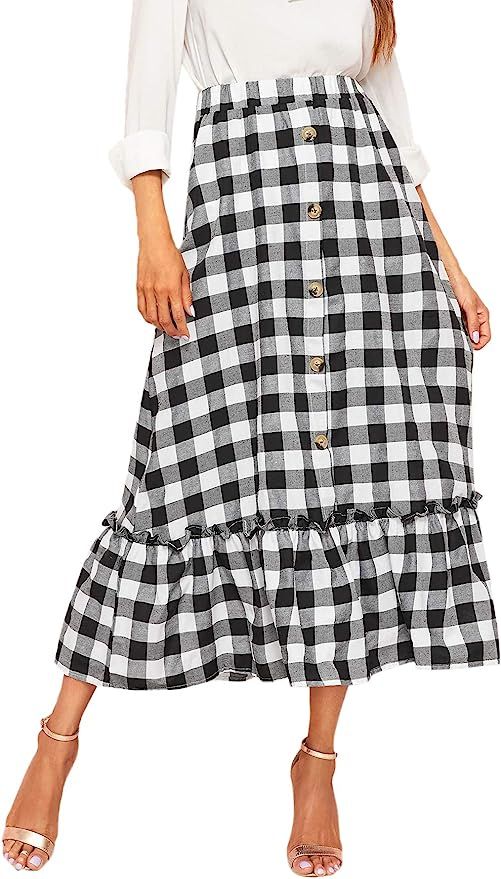 SweatyRocks Women's Casual Elastic High Waist Skirt Ruffle Hem Plaid Midi Skirt | Amazon (US)