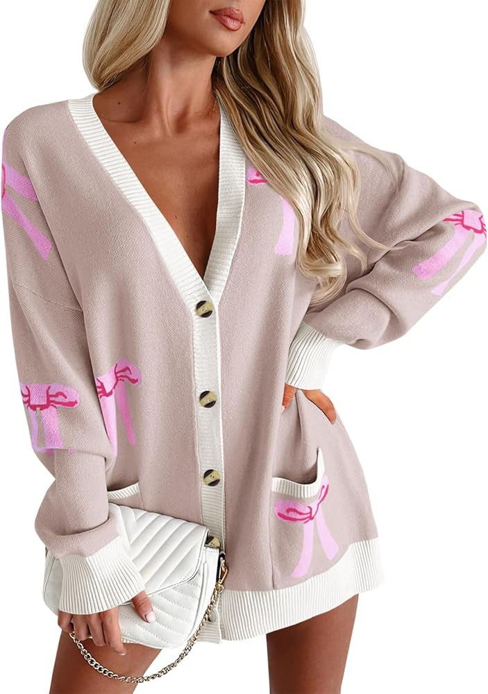 Saodimallsu Womens Oversized Cardigan Sweaters Bow Printed Button V Neck Long Sleeve Loose Knit F... | Amazon (US)