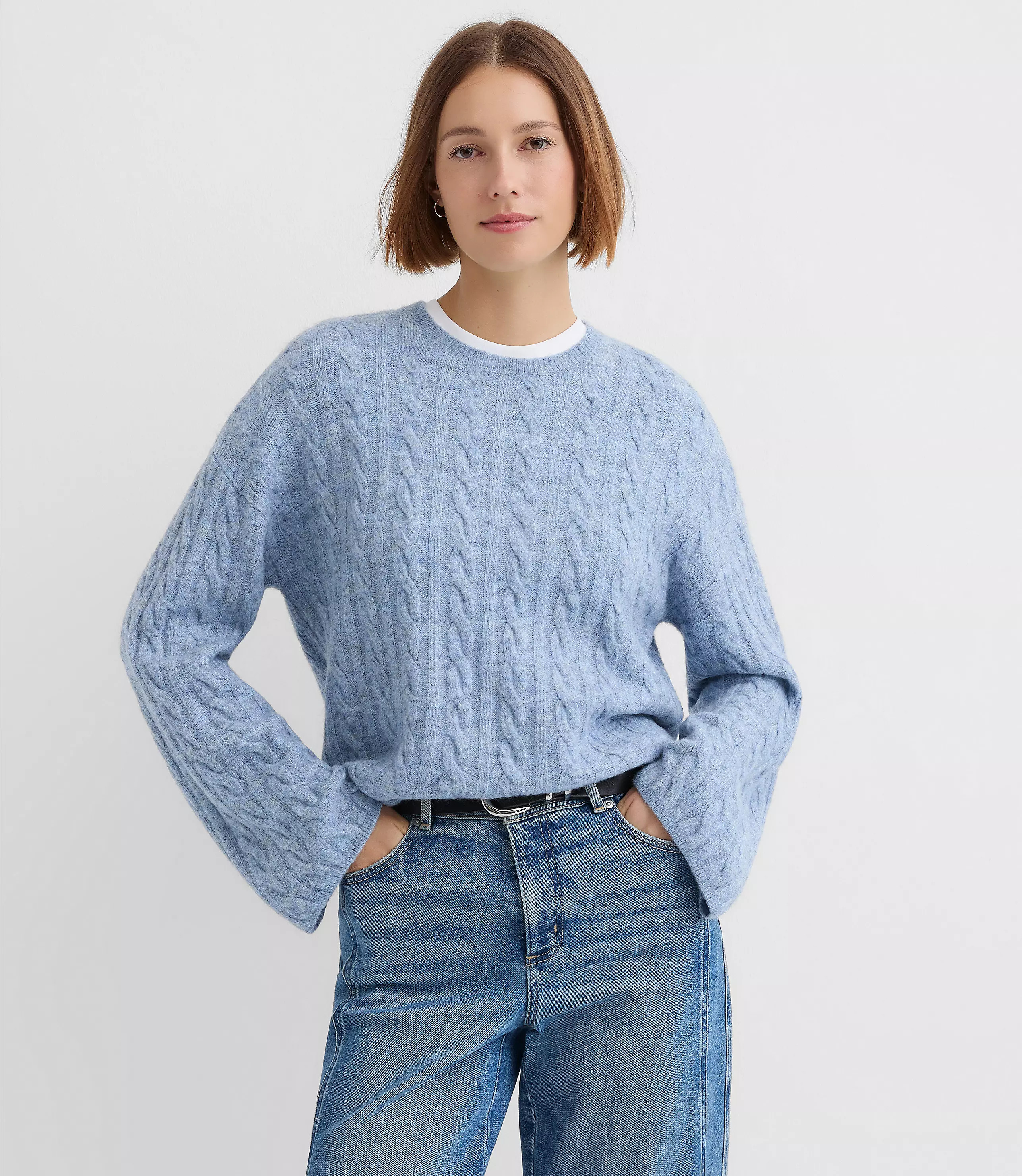 Heathered Wide Sleeve Cable Sweater | LOFT