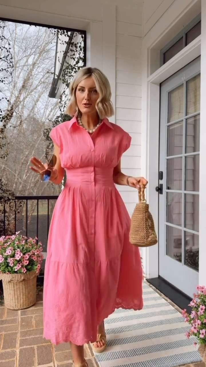 The color on this dress is so stunning! I also really love the embroidered hem and the flattering waist. Any spring/summer event would be the perfect occasion to wear this! Wearing XS

Loverly grey, pink shirtdress, how to style pink midi dress, raffia wedges, target accessories, embroidered midi, what to wear on vacation, beach midi dress 

 #LTKootd #LTKSeasonal #LTKTravel