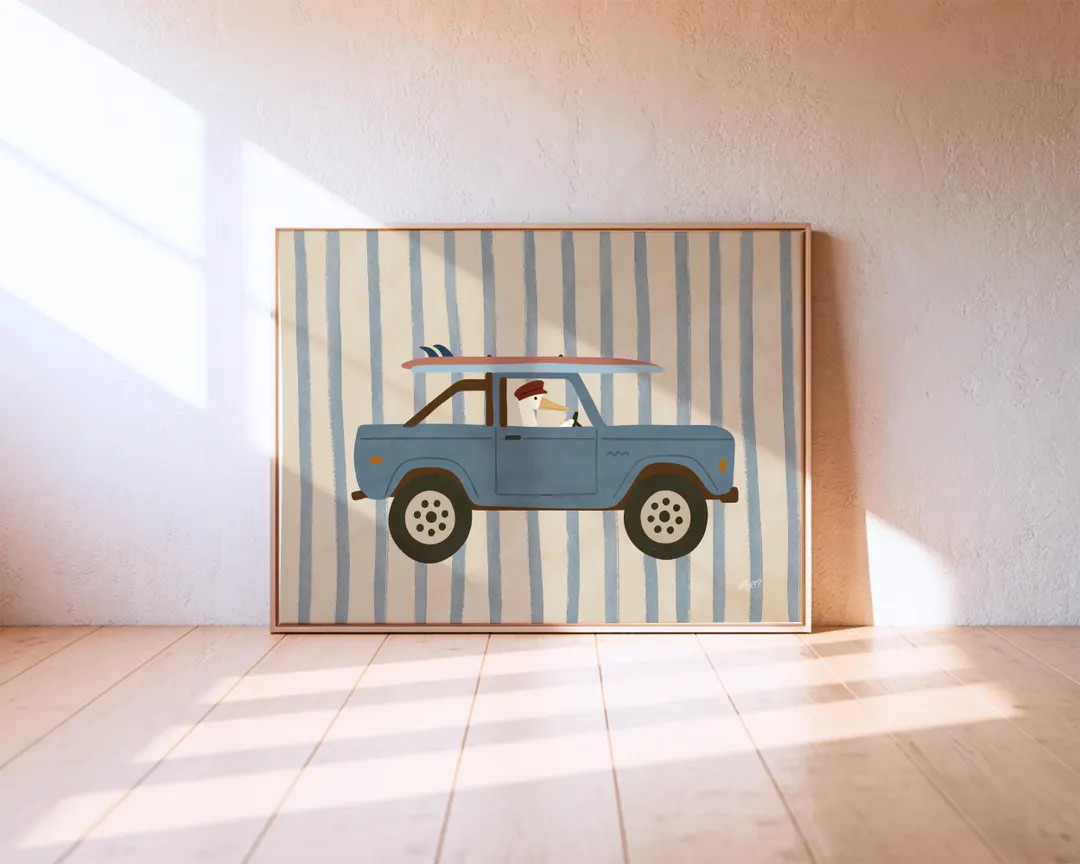 Surfer Pelican Surfboard in Blue Jeep Wall Art Vintage Car Beach Animal Poster Coastal Nursery Ki... | Etsy (US)