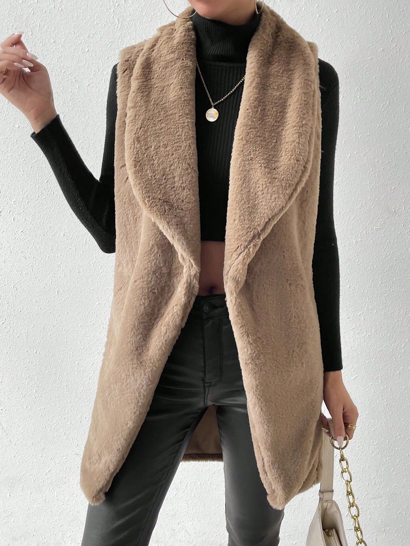 SHEIN Essnce Waterfall Collar Open Front Fuzzy Vest Coat | SHEIN