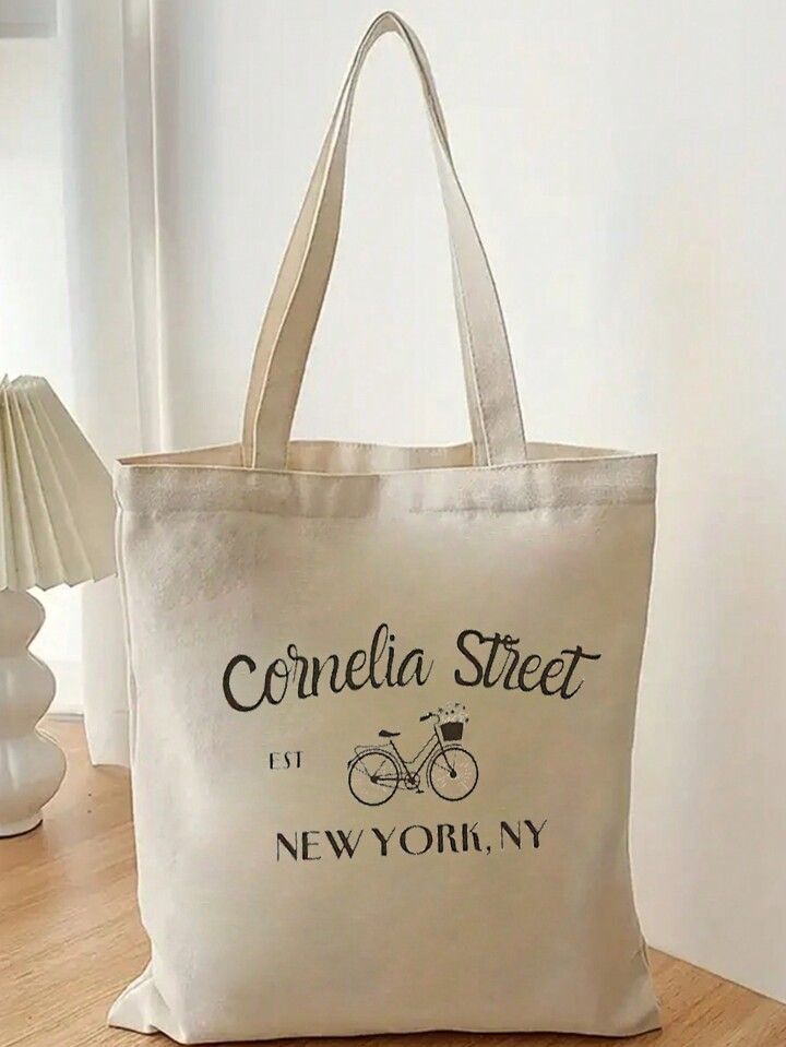 TS Letter Print Canvas Tote Bag, Street Bike Pattern Shoulder Bag, Reusable Shopping Bag & Book H... | SHEIN
