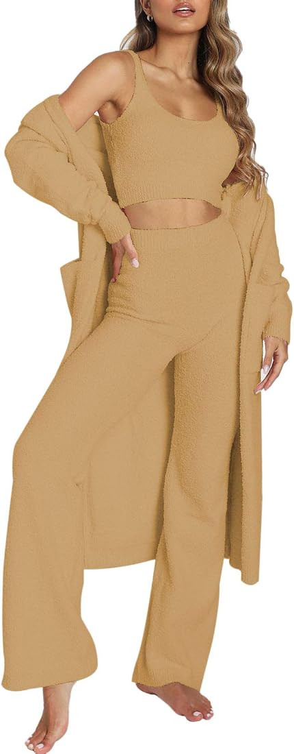 Women's Fuzzy 3 Piece Sweatsuit Open Front Cardigan Crop Tank Tops Wide Legs Pants Lounge Sets | Amazon (US)