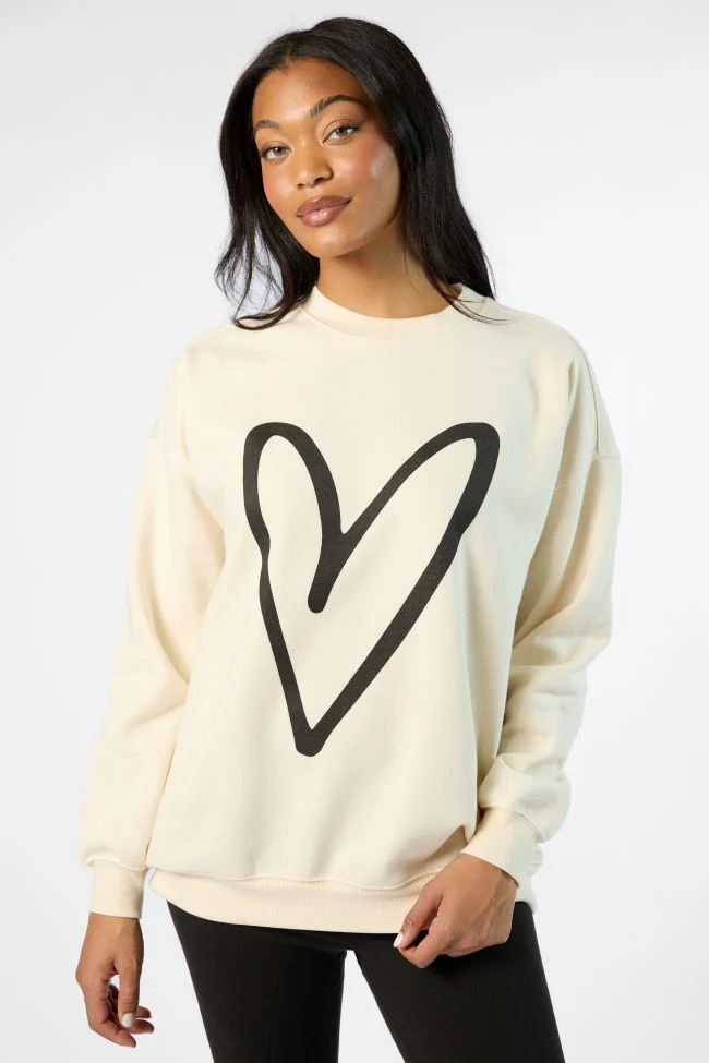 Black Heart Sketch Cream Oversized Graphic Sweatshirt | Pink Lily