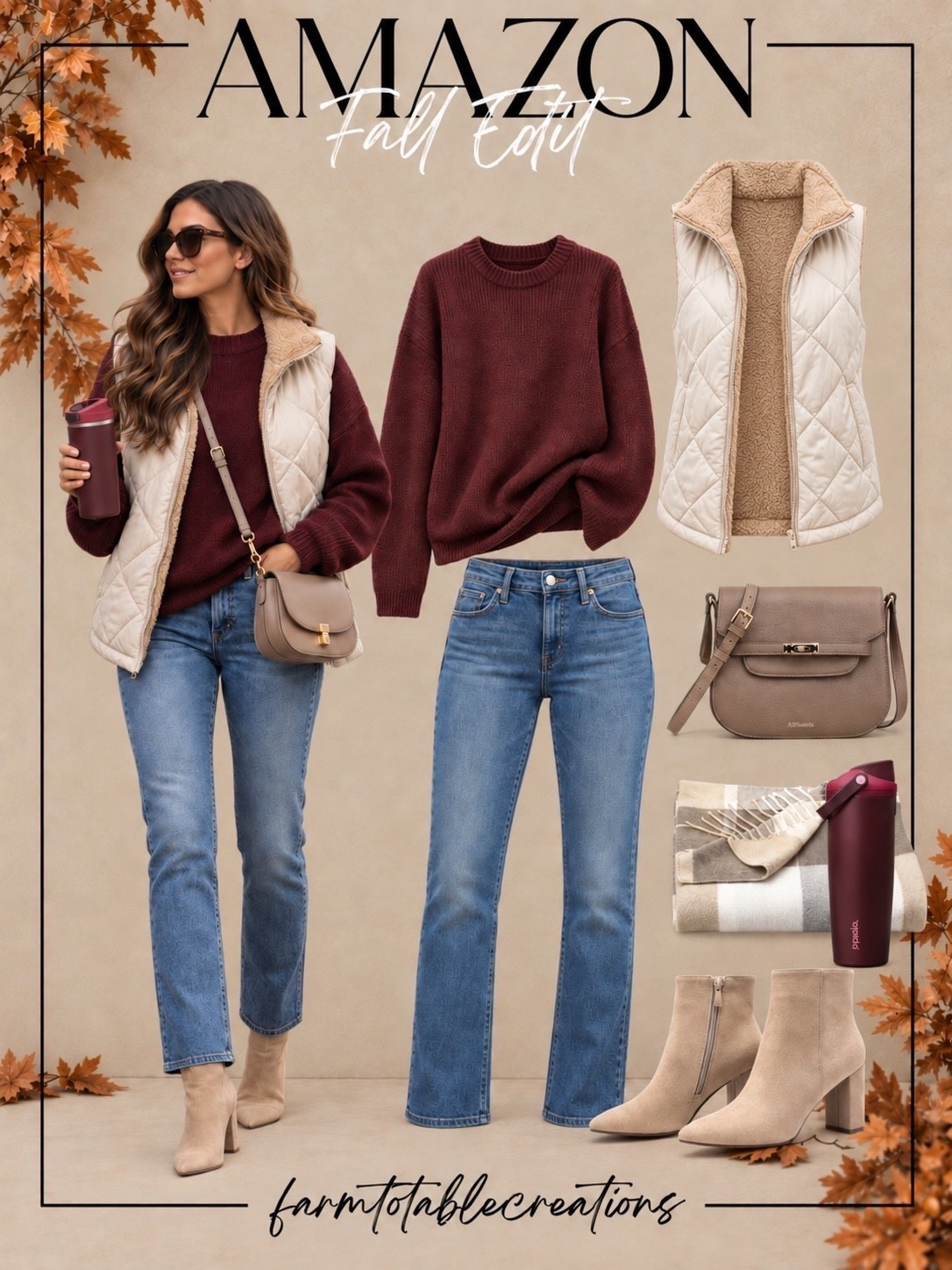 Amazon Apple Orchard Outfit 🍎🍂

The perfect outfit for a crisp fall day at the apple orchard! A rich wine-colored sweater paired with classic denim feels effortlessly seasonal, while the cozy quilted vest adds that extra layer for chilly mornings. Neutral ankle boots, a taupe crossbody, and a coordinating tumbler pull the whole look together.

This is such an easy outfit for apple picking, cider and donuts, pumpkin patches, fall festivals, or a casual weekend out—and every piece can be mixed and matched throughout the season.

Follow @farmtotablecreations on Instagram for more cozy home finds and trending decor.

#LTKStyle #AmazonFashion #AmazonFinds #AppleOrchardOutfit #ApplePicking #FallOutfit #FallFashion #FallStyle #AmazonStyle #FallWardrobe #CozyFallStyle #FallFestivalOutfit #CasualFallOutfit #AutumnStyle #LTKFinds

#LTKOver40 #LTKSeasonal #LTKmomlife