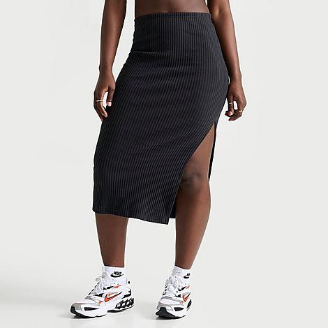 Nike Women's Sportswear Chill Knit Ribbed Midi Skirt in Black/Black Size XS Cotton/Acrylic/Spandex | Finish Line (US)