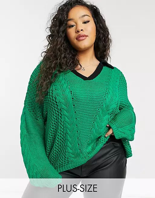 Glamorous Curve oversized knitted sweater in emerald with contrast collar | ASOS (Global)