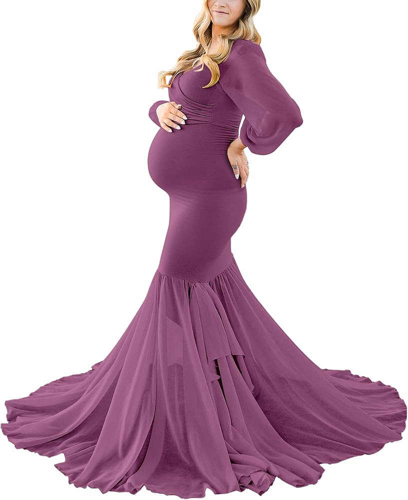 Saslax Long Chiffon Sleeve Tired Mermaid Maternity Dress for Photoshoot Photography Baby Shower | Amazon (US)