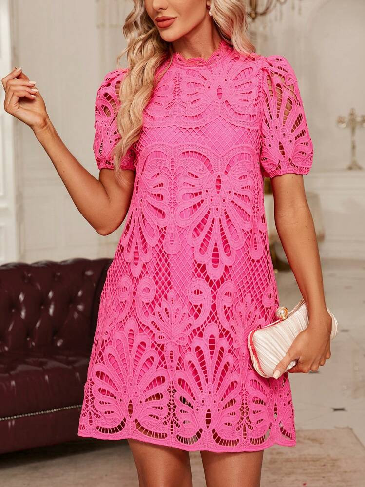 SHEIN Clasi Guipure Lace Puff Sleeve Tunic Dress | SHEIN