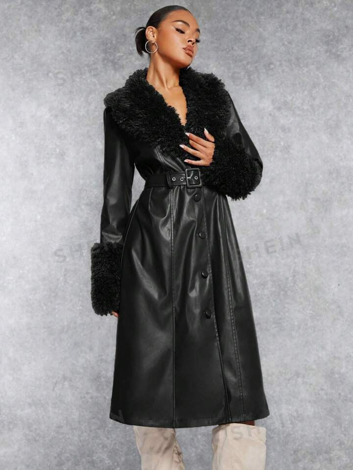 SHEIN BAE Fuzzy Collar PU Leather Coat With Belt | SHEIN