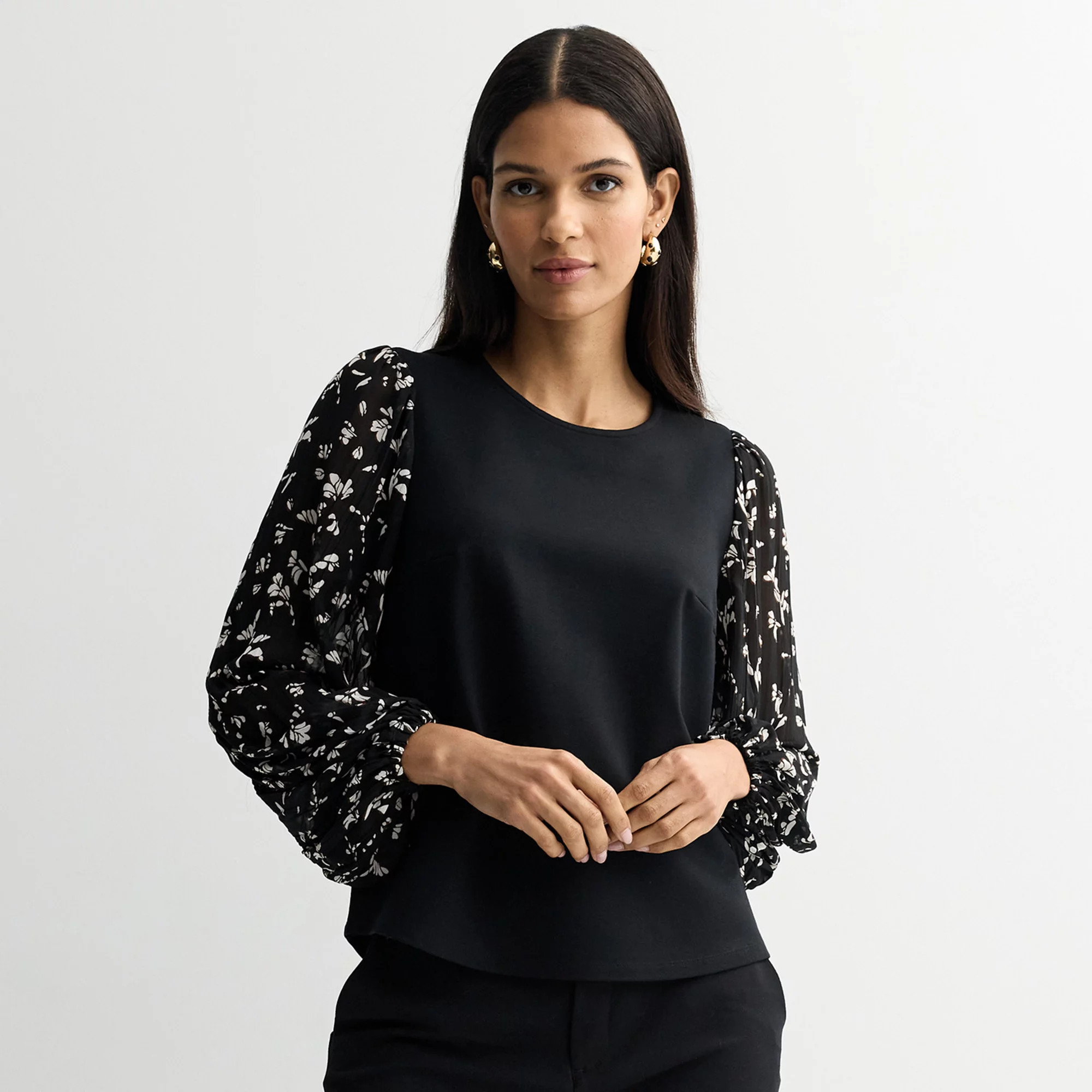 Women's Nine West Mixed Media Puff Sleeve Top | Kohl's
