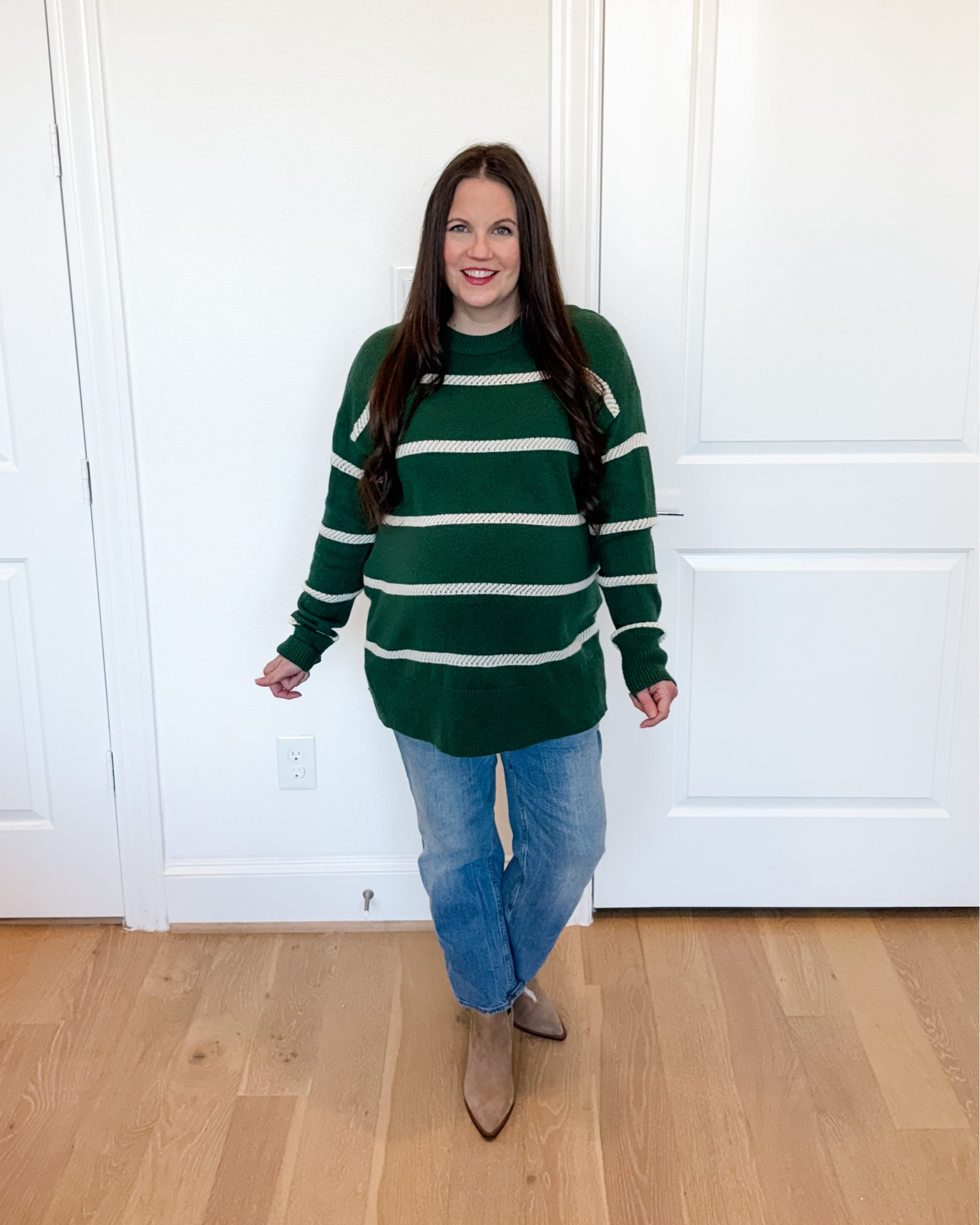 This cozy winter outfit is one of my favorite easy maternity outfit formulas. I styled a green striped sweater with straight leg jeans that are truly the best maternity jeans for comfort and a flattering fit.

To finish the look, I added tan brown booties—the perfect neutral boots for everyday wear. This is such a great example of chic winter outfits for women that work beautifully during pregnancy while still feeling effortless and put together. If you’re building out versatile pregnancy outfits for the season, this combo is a must.

Linking everything below so you can recreate this bump-friendly winter look 


#LTKFindsUnder50 #LTKSaleAlert #LTKSeasonal