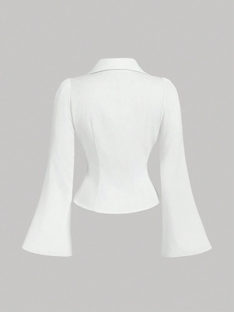 SHEIN MOD Plus Size Women V-Collar Ruffle Flared Sleeve Blouse, Waist Cinched, Long Sleeve Shirt,... | SHEIN