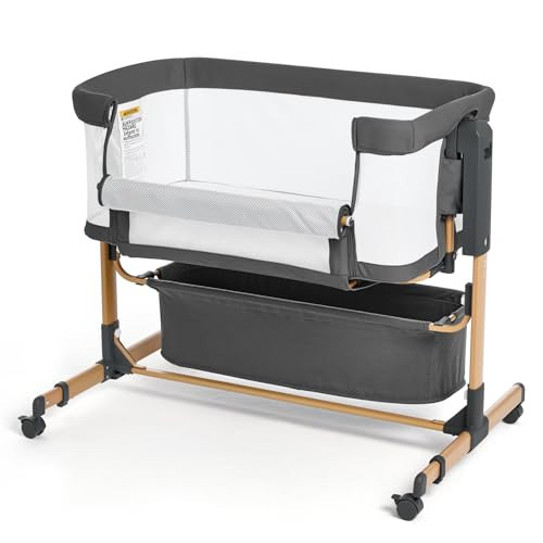 Baby Bassinet with Wheels, Bedside Bassinets for Baby, 3 in 1 Rocking Bassinet Bedside Sleeper Mesh & Mattress, Height Adjustable Bed Side Bassinet, Cosleeping Bedside Crib (Dark Grey) | Amazon (US)