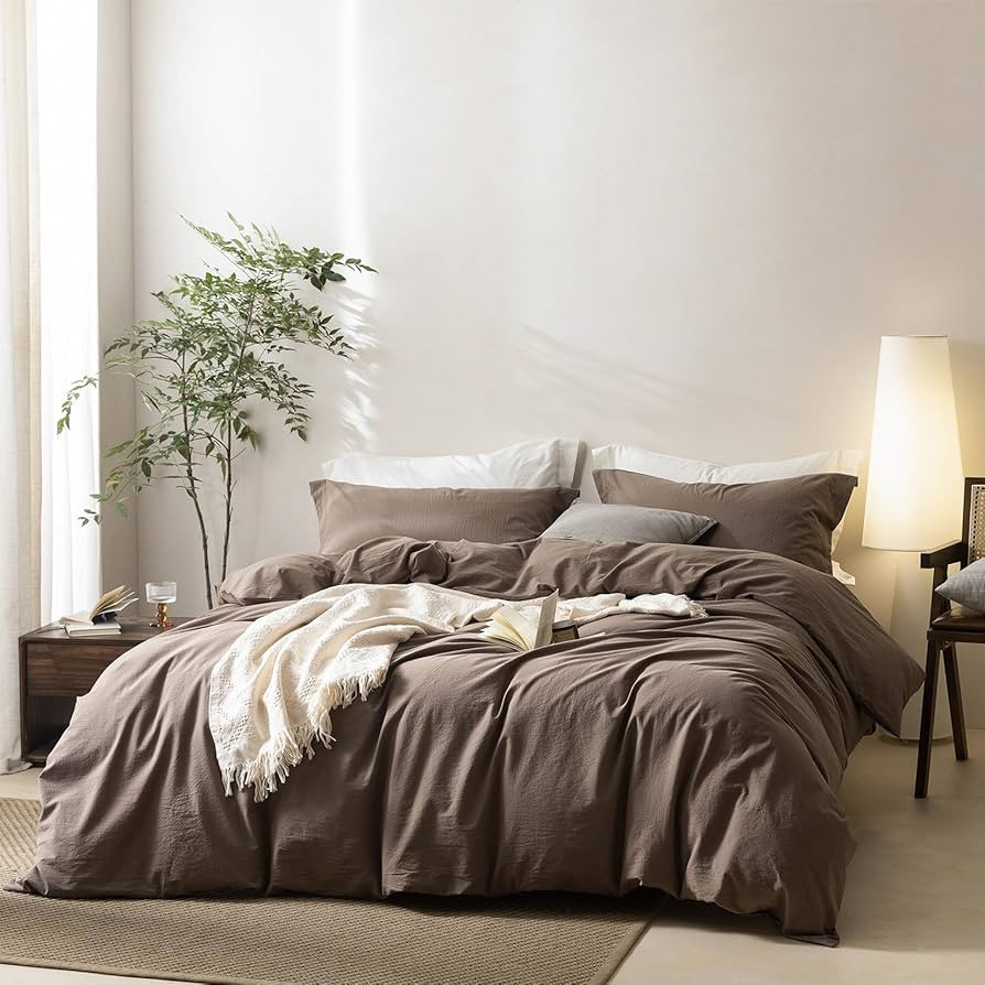 Linen Feel Light Chocolate Brown Duvet Cover California King Size 104'' W x 98'' L, 100% Washed C... | Amazon (US)