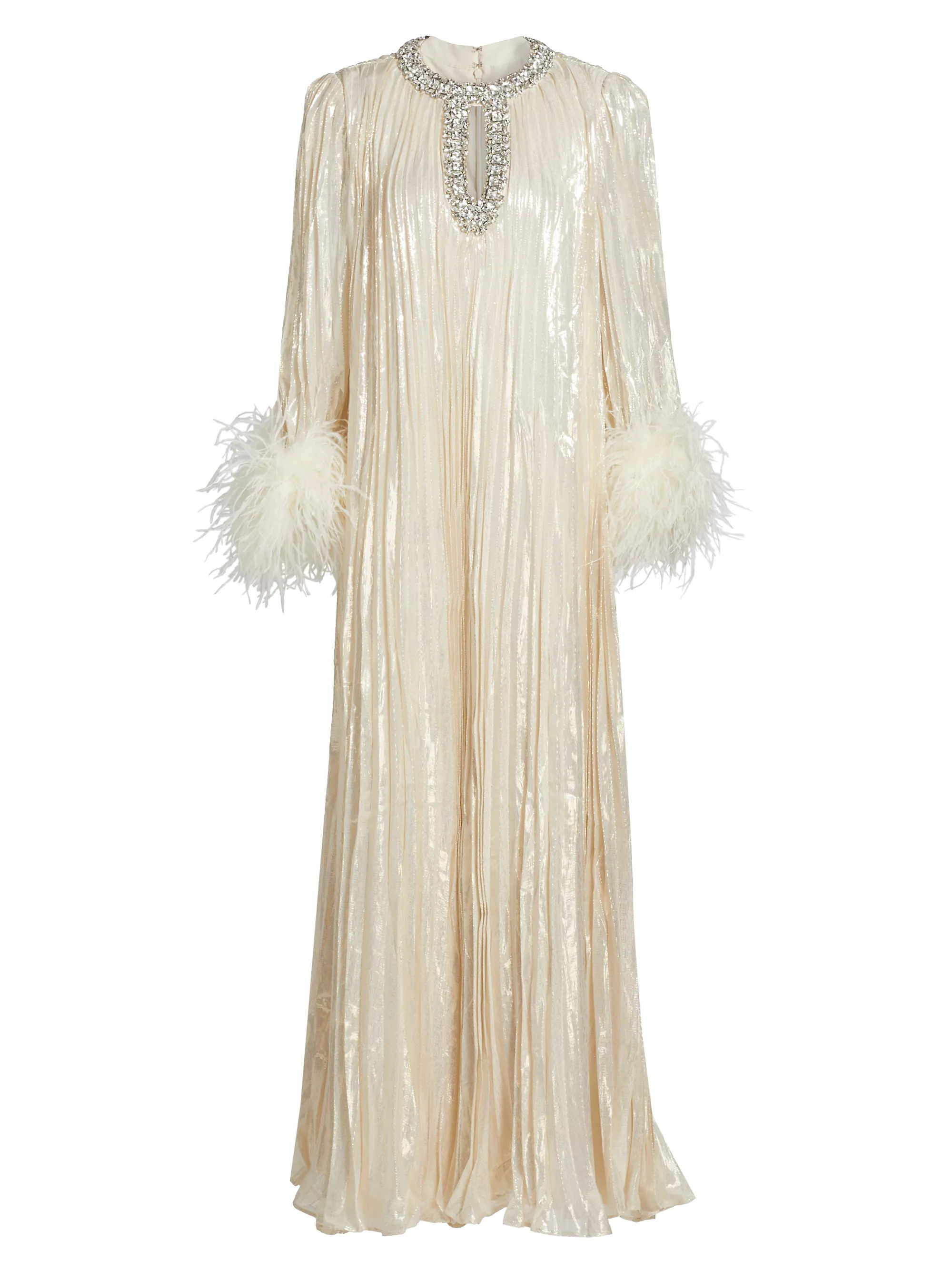 Self-Portrait Metallic Plissé Feather-Trim Maxi Dress | Saks Fifth Avenue | Saks Fifth Avenue