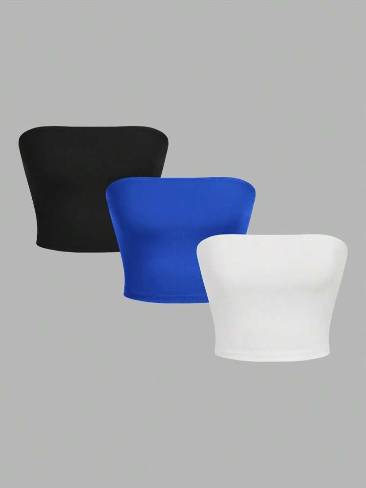 SHEIN EZwear 3pcs Women's Tube Top Tight Casual Tops, Suitable For Summer,Ladies Casual Rib-Knit Strapless Slim Fit Multicolor Plain Women Tops,Spring/Summer,Casual Daily Wear Suitable For Going Out | SHEIN