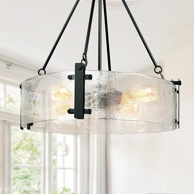 IKK Black Modern Textured Glass Chandelier for Dining Room, 21" Glass Drum Chandelier Light Fixtu... | Amazon (US)