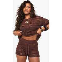 boohoo Women's Crochet Oversized Knitted Top & Knicker Short Set in Chocolate | Size: Small | Crochet/Polyurethane | boohoo (US & Canada)