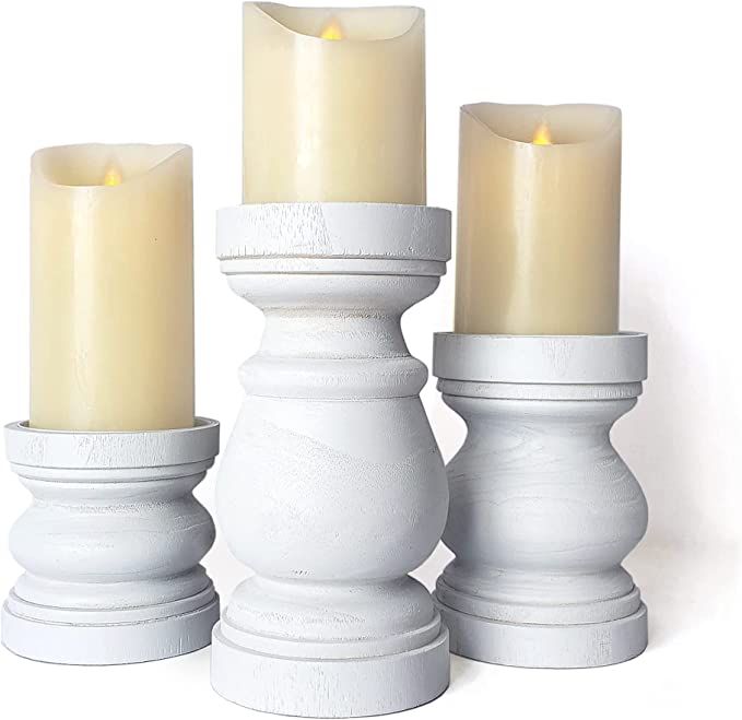 Nayomi Distressed Rustic Wooden Candle Holders Pillar Candle Holder Set of 3. Vintage Style White... | Amazon (US)