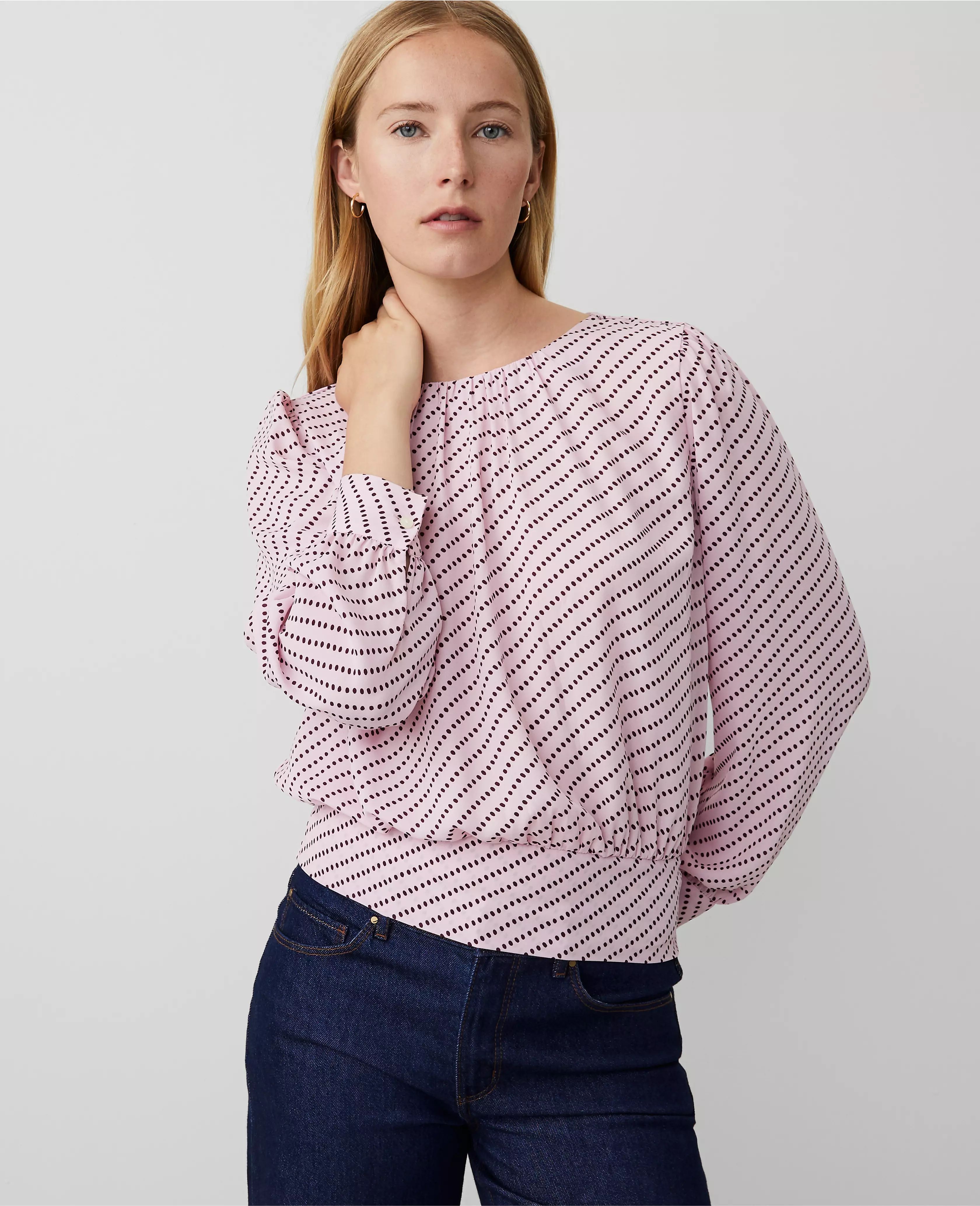 Stripe Banded Waist Mixed Media Top | Ann Taylor (US)