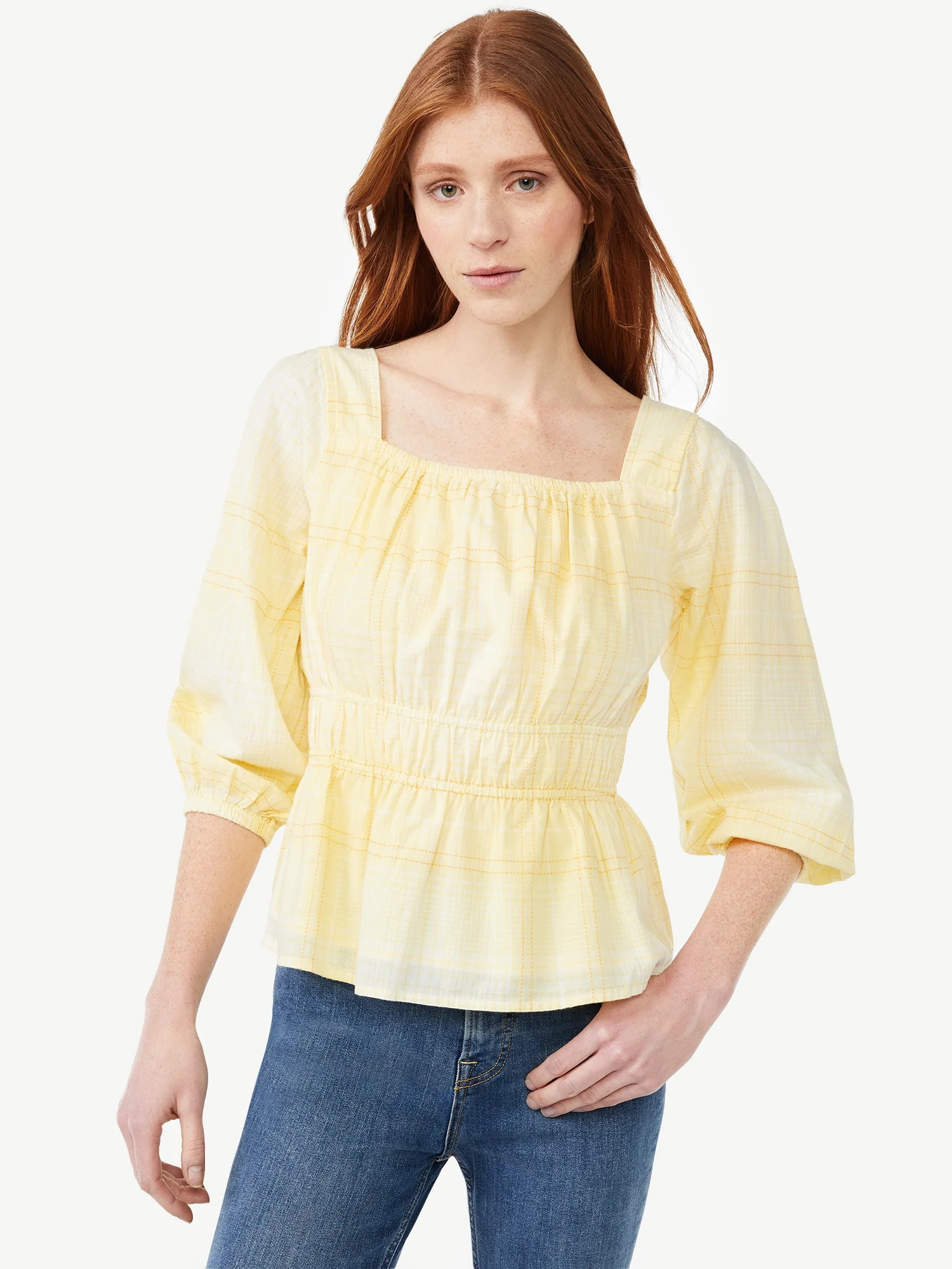 Free Assembly Women's Square Neck Top with Blouson Sleeves - Walmart.com | Walmart (US)