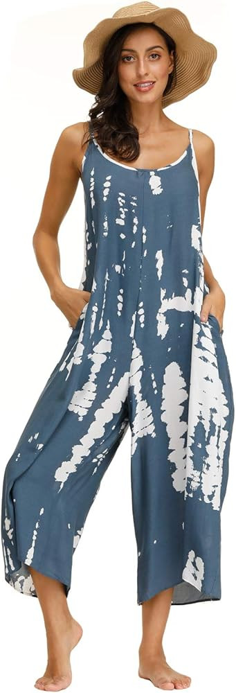 wexcen Womens Floral Printed Jumpsuits Casual Sleeveless Spaghetti Strap Rompers Wide Leg Pants w... | Amazon (US)