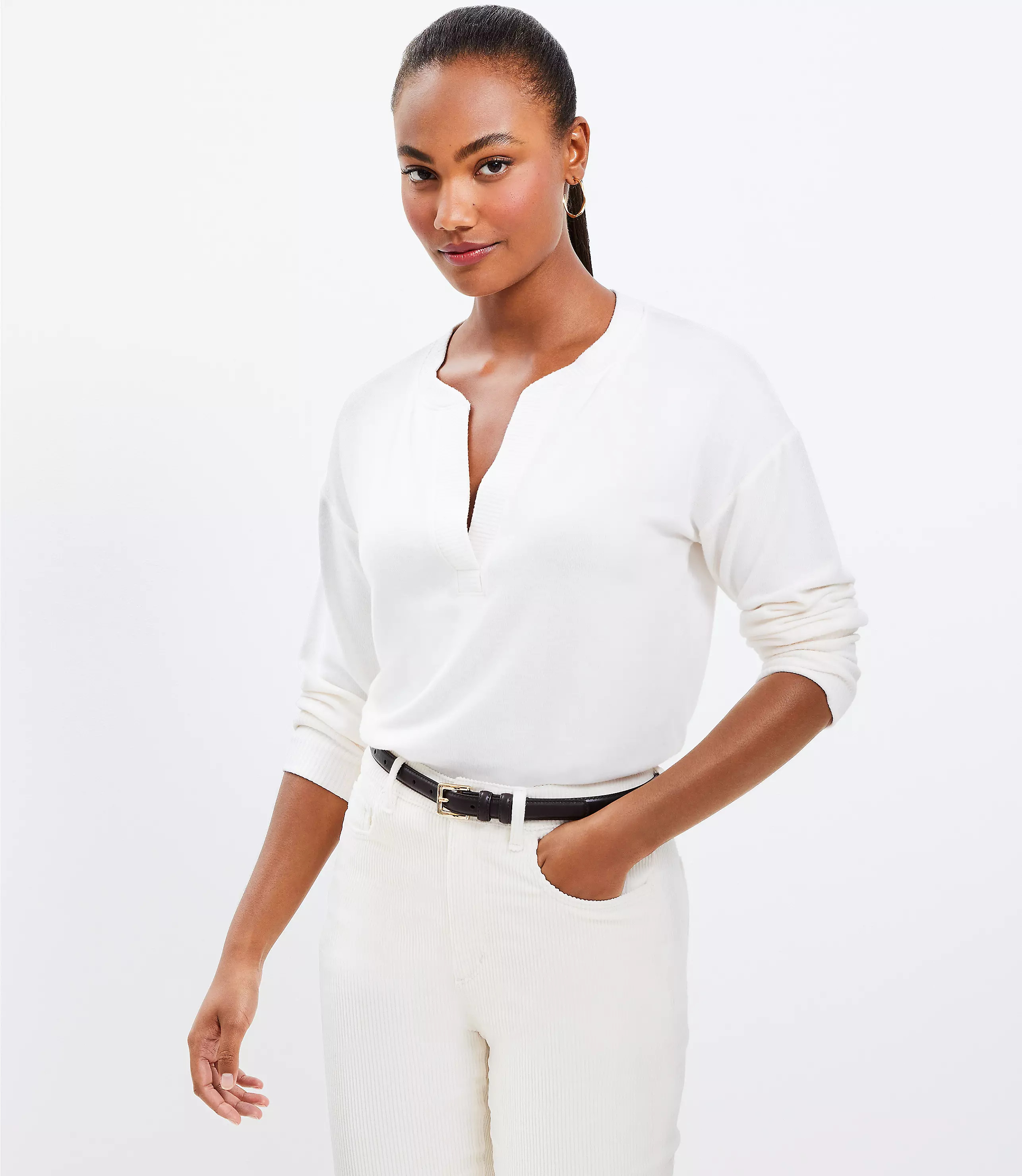 Rib Trim Split Neck Tunic Top | LOFT