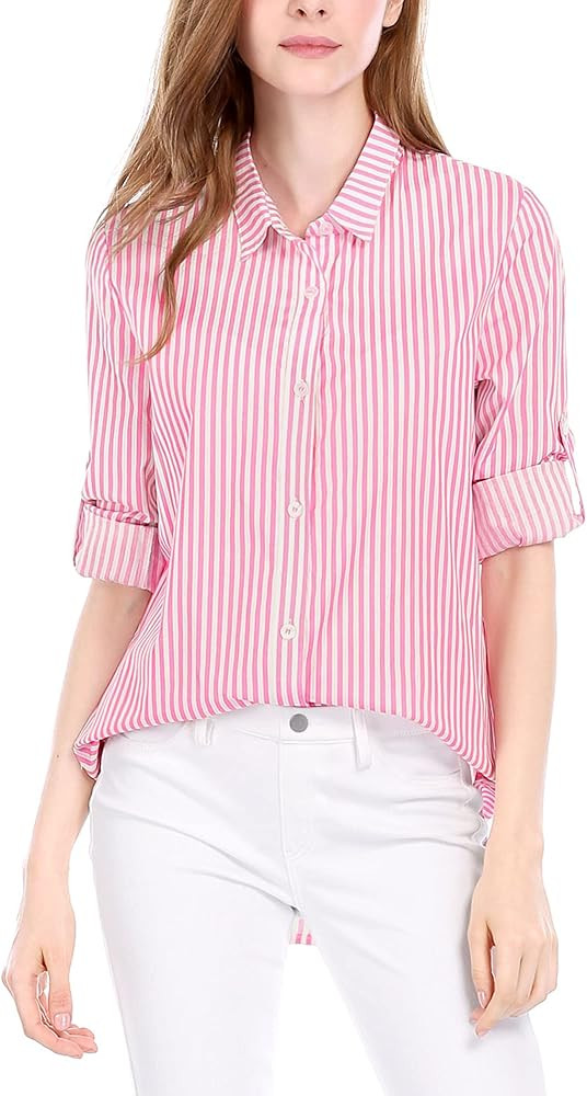 Allegra K Women's Striped Button Down Roll-up Long Sleeves Point Collar Shirt | Amazon (US)