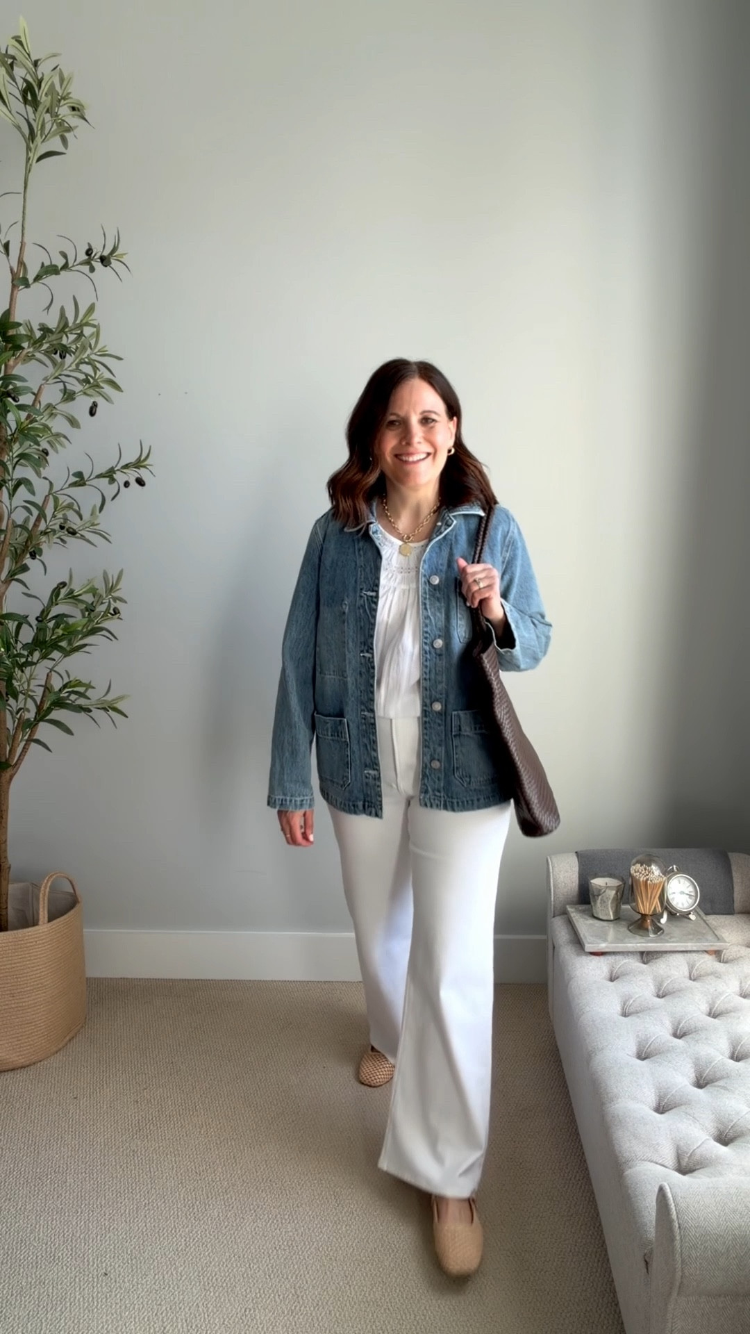 These wide-leg white jeans fit TTS. In a small in this white blouse that has a loose fit. In a medium in this denim utility jacket. 

 #LTKOver40 #LTKSaleAlert #LTKMidsize
