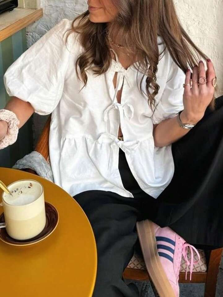 SHEIN Frenchy Cardigan da donna, camicia a manica puff, camicetta da donna con cintura a fiocco |... | SHEIN