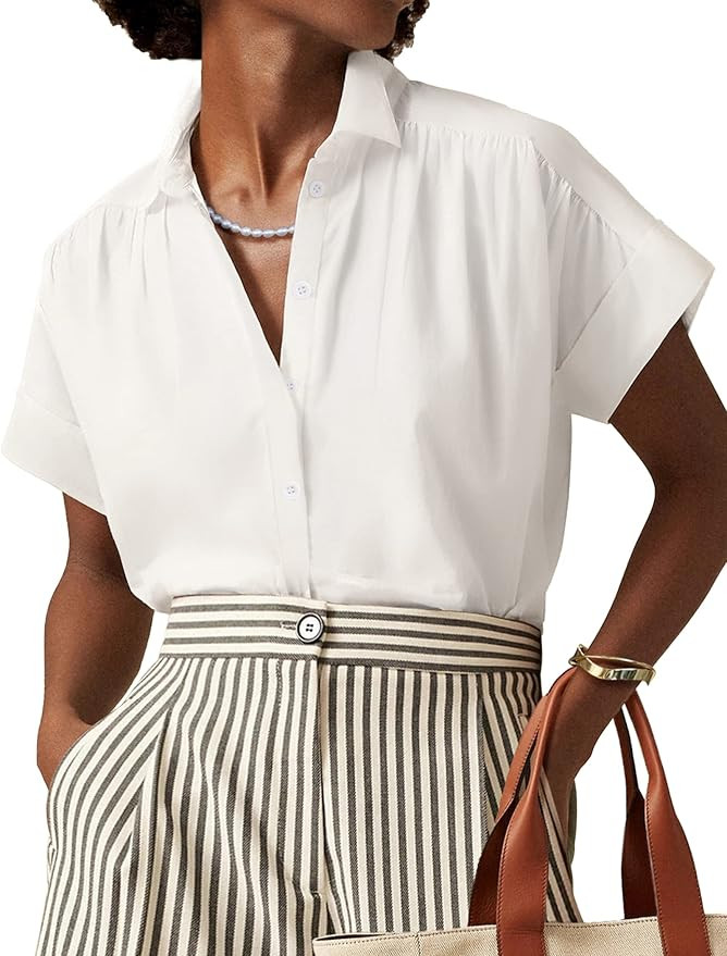 Hotouch Womens Button Down Shirt Short Sleeve Loose Blouse Casual Ruched Design Shirts Top S-XXL | Amazon (US)