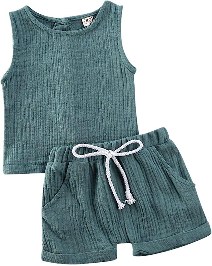 Baby Boy Girl Shorts Outfit Sleeveless Button Down Vest Tanks Top Shorts Pants 2Pc Solid Cotton L... | Amazon (US)