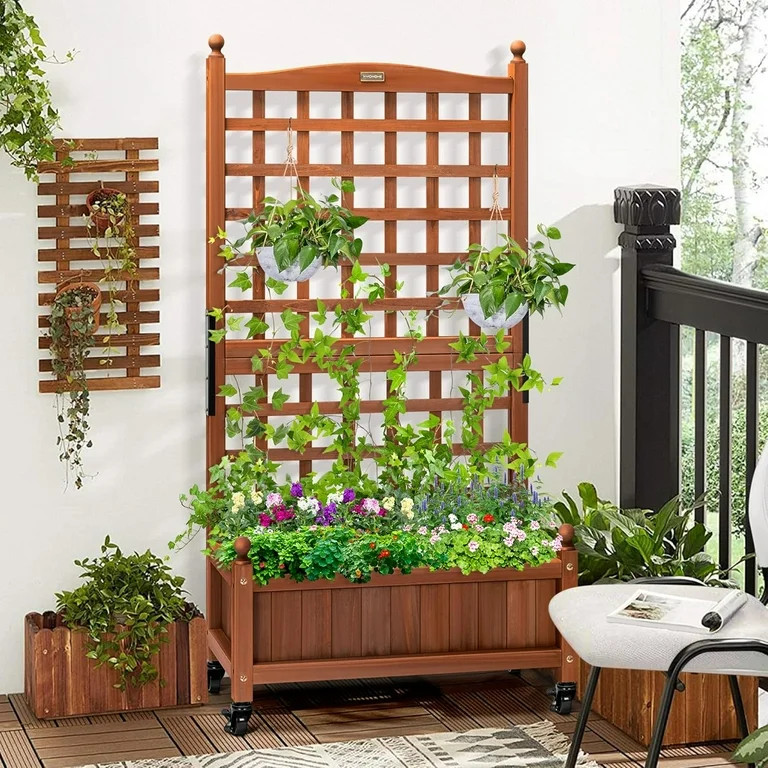 SPECSTAR 50" H Wood Planter Raised Garden Bed with Trellis, Mobile Planter Box with Drainage Hole... | Walmart (US)