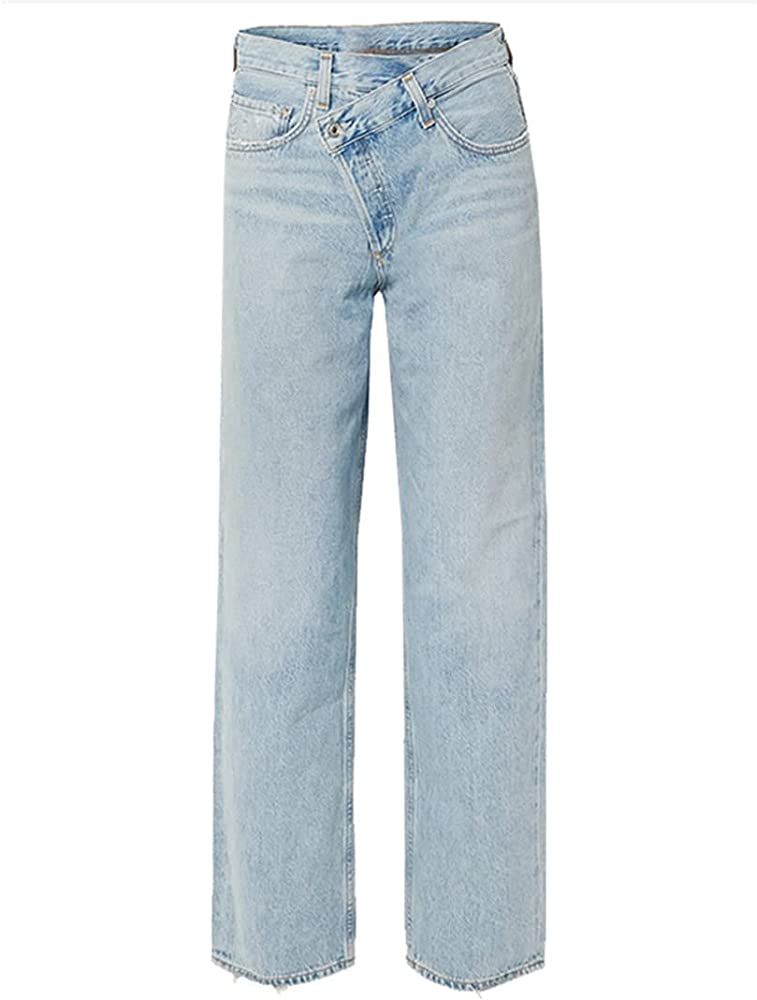 Women Straight Wide Leg Jeans Baggy High Waist Vintage Irregular Jeans Button Cotton Pants | Amazon (US)