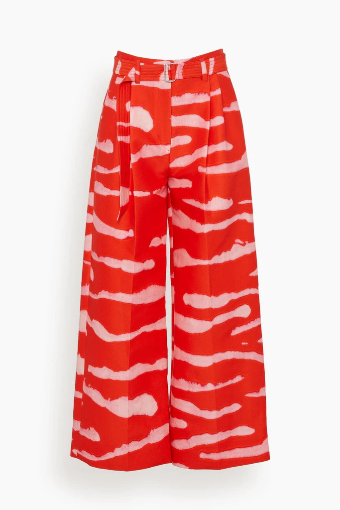 Long Pleated Pant with Belt in Red Wild Stripes | Hampden Clothing