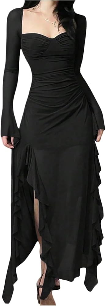 GORGLITTER Women's Square Neck Ruched Maxi Dress Fall Gothic Long Sleeve Split Cocktail Birthday ... | Amazon (US)