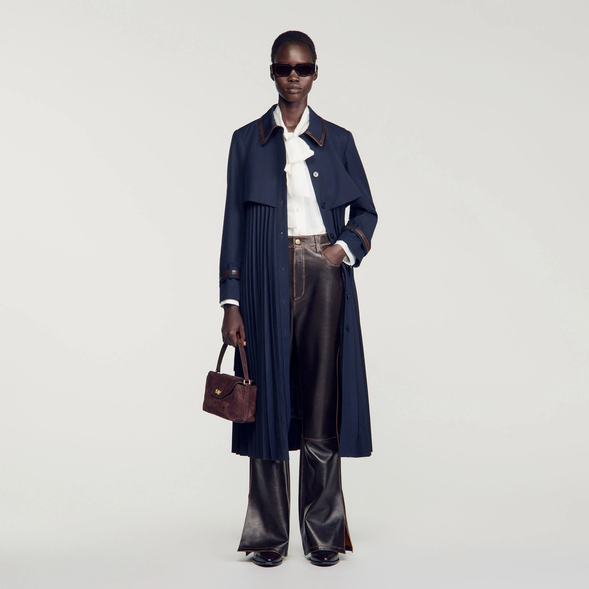 Trench with pleated leather collar | Sandro-Paris US