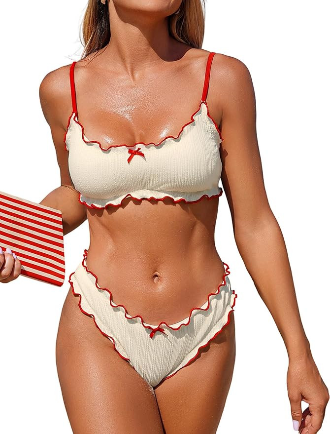 ZAFUL Womens Bikini Set 2 Piece Swimsuit Bandeau Top Cute Plaid Ruffled Bow Decor Cheeky Bathing ... | Amazon (US)