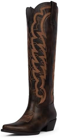 Modatope Cowboy Boots for Women Knee High Chunky Heel Butterfly Cowgirl Boots Wide Calf Pointed T... | Amazon (US)
