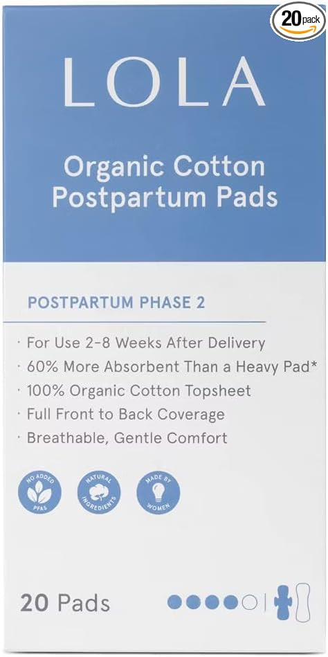 LOLA 100% Organic Cotton Postpartum Pads - 20 Count, Ultra Absorbent and Extra Long Pads, Overnig... | Amazon (US)
