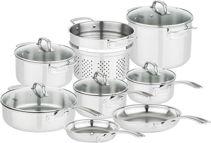 Viking 3-Ply Pots and Pans Set, 13 Piece Stainless Steel Cookware, Glass Lids, Strainer, Silver | Amazon (US)