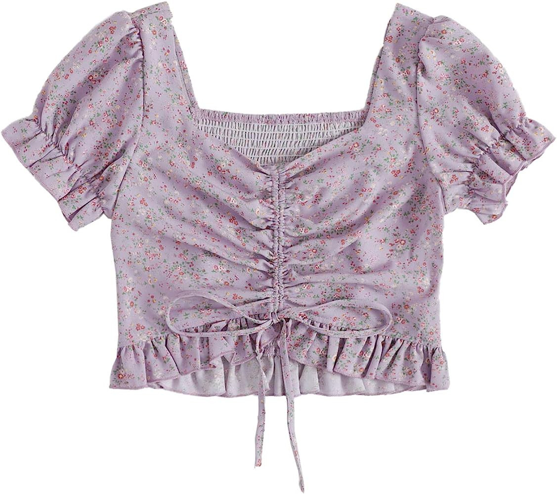 Floerns Women's Summer Square Neck Schiffy Drawstring Front Crop Top Blouse | Amazon (US)