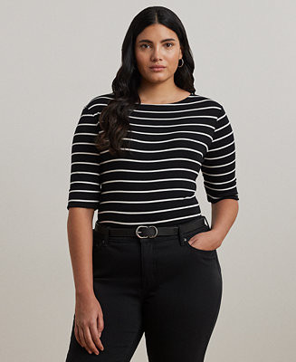 Lauren Ralph Lauren Plus Size Striped Cotton Boatneck T-Shirt  - Macy's | Macy's