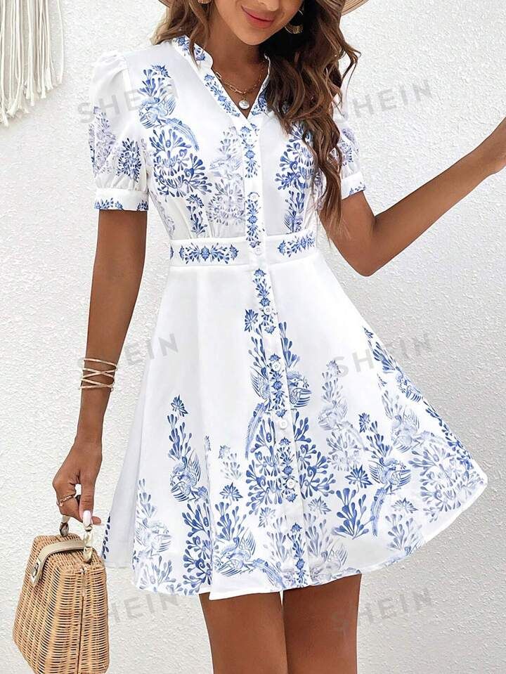 SHEIN VCAY Summer Woman Blue & White Floral Print Puff Sleeves Button Front Notched Neck Dress | SHEIN