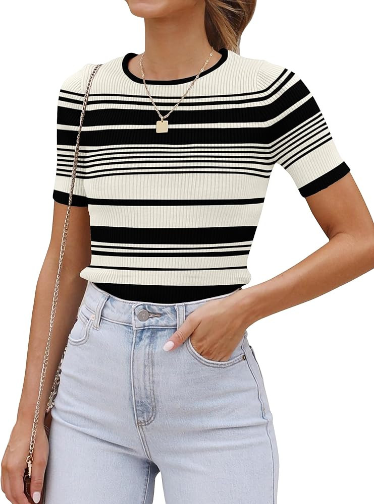 ZESICA Women's Short Sleeve Crewneck Striped T Shirt 2024 Summer Ribbed Knit Slim Fit Casual Basi... | Amazon (US)